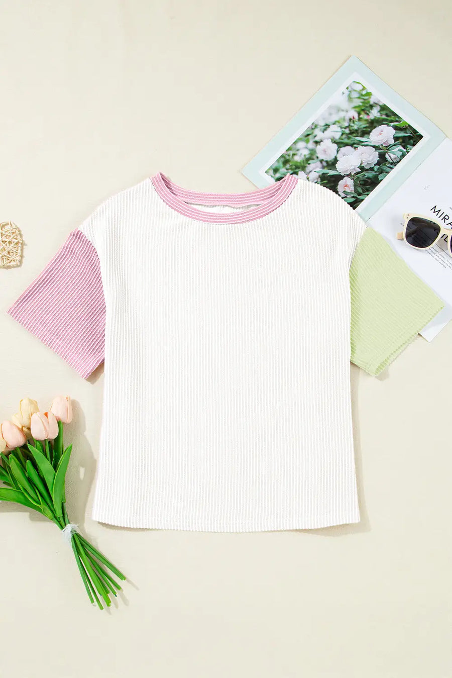 White Corded Colorblock Crewneck Tee — back view | Fashionfitz UK