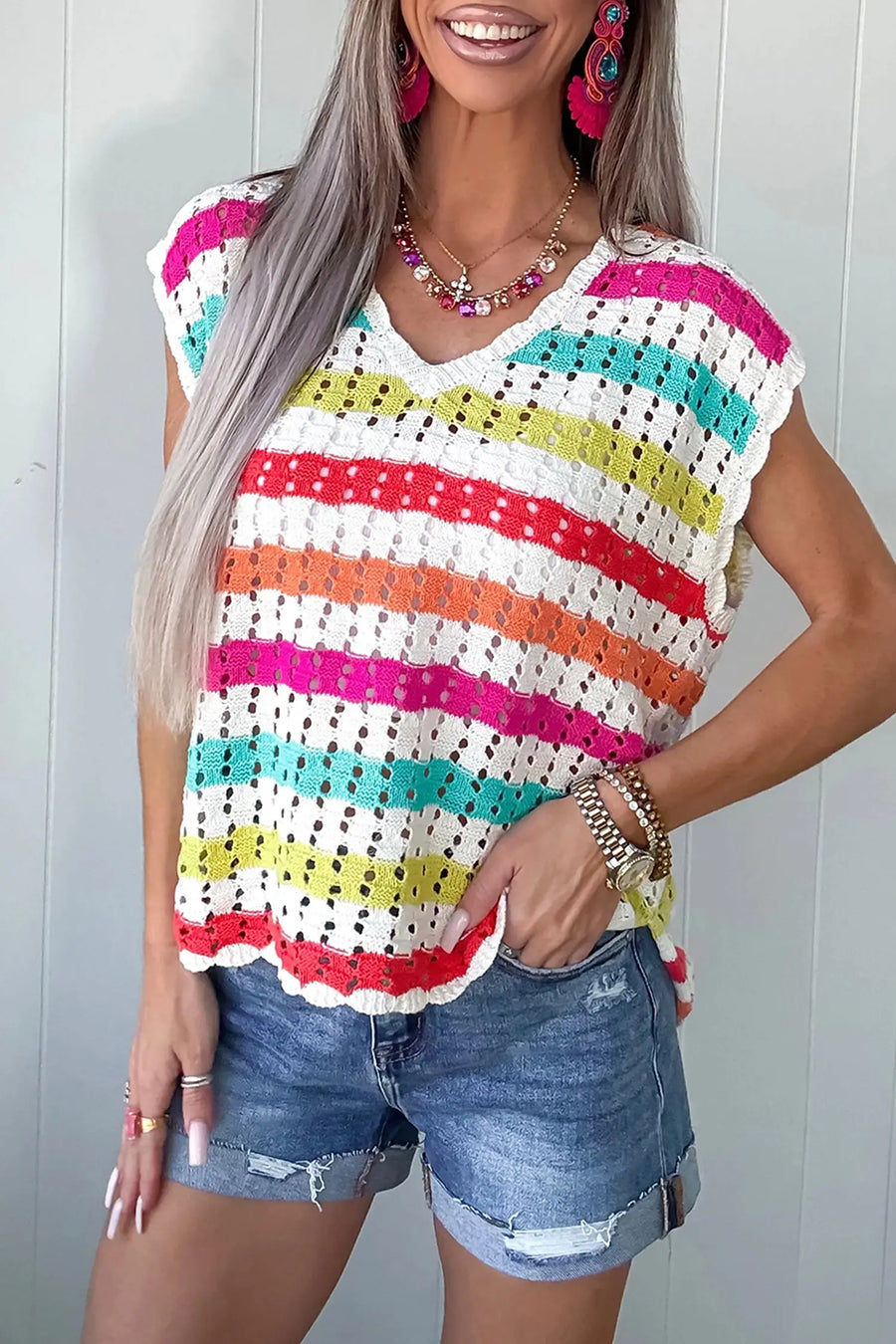 Women's striped eyelet knit tee side view V-neck boho
