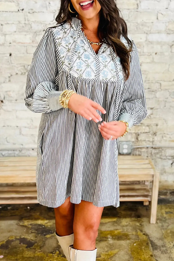 Black Stripe Floral Patchwork Tied V Neck Mini Dress Women UK