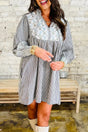 Black Stripe Floral Patchwork Tied V Neck Mini Dress Women UK