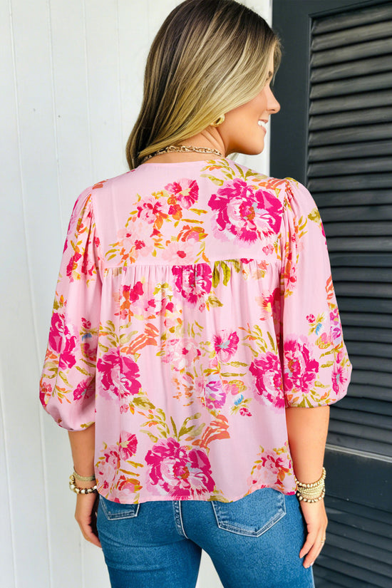 Pink Floral Print Blouse Tie V-Neck Puffy Half Sleeve Relaxed Fit