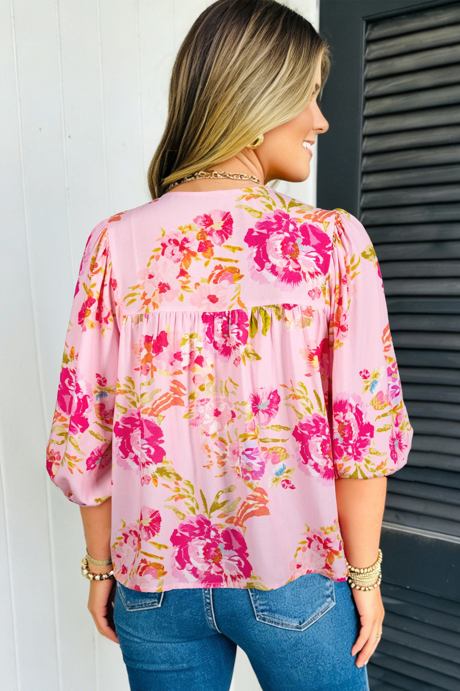 Pink Floral Print Blouse Tie V-Neck Puffy Half Sleeve Relaxed Fit