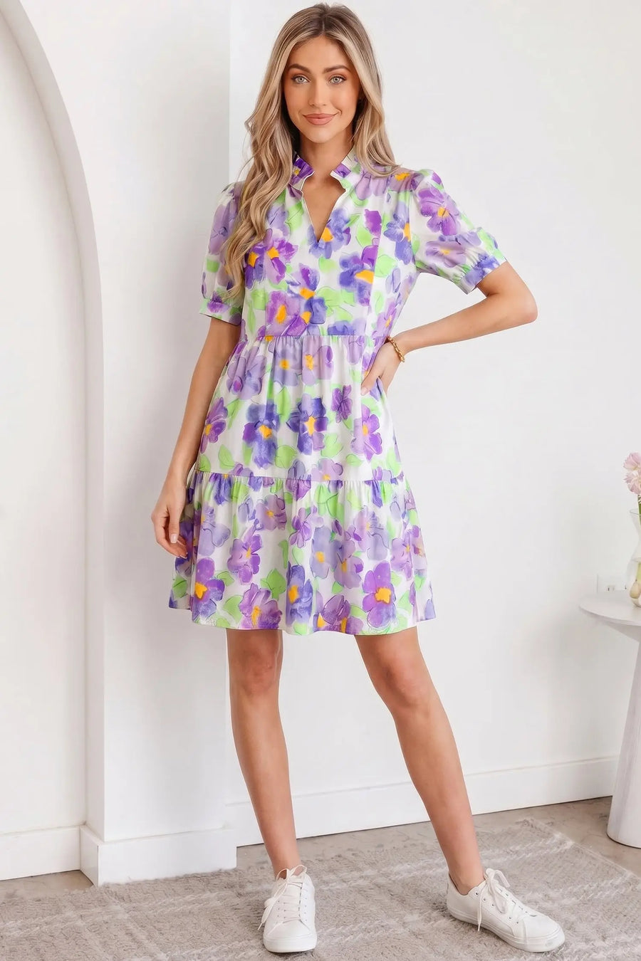 Purple Floral V Neck Short Sleeve Tiered Ruffle Mini Dress Women UK