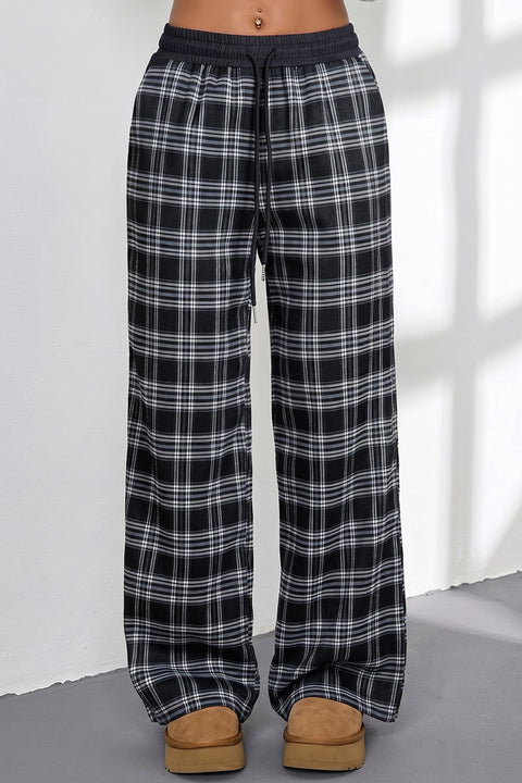 Plaid contrast drawstring waist wide leg trousers women UK | Fashionfitz
