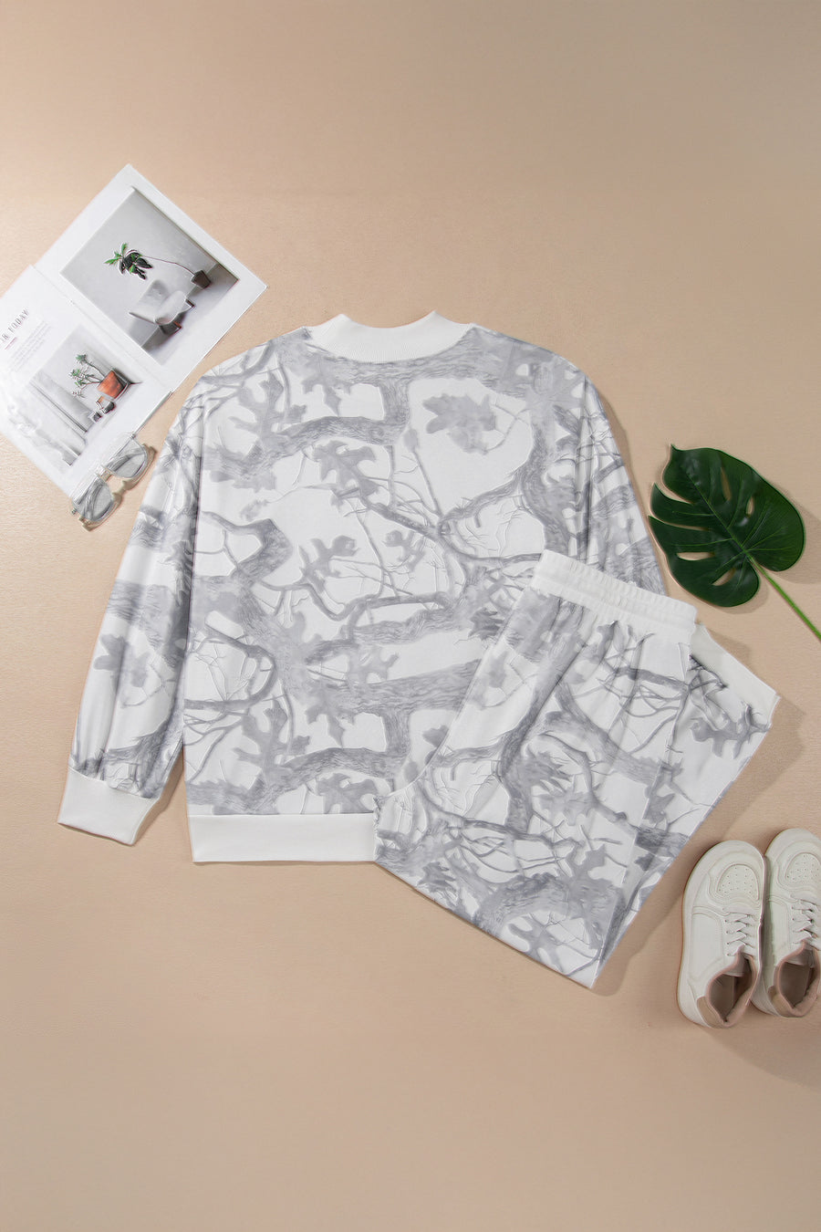 Camouflage Print Stand Neck Long Sleeve Plus Size Set Women UK