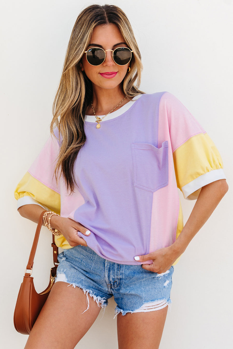 Colorblock Patchwork Half Sleeve Oversized T-Shirt Women UK