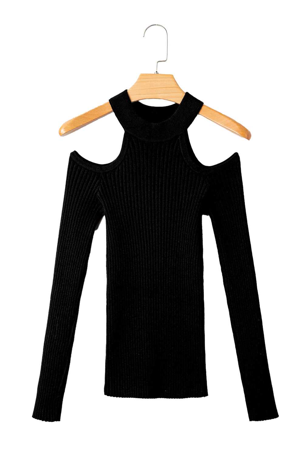 Black Cold Shoulder Choker Neck Sweater