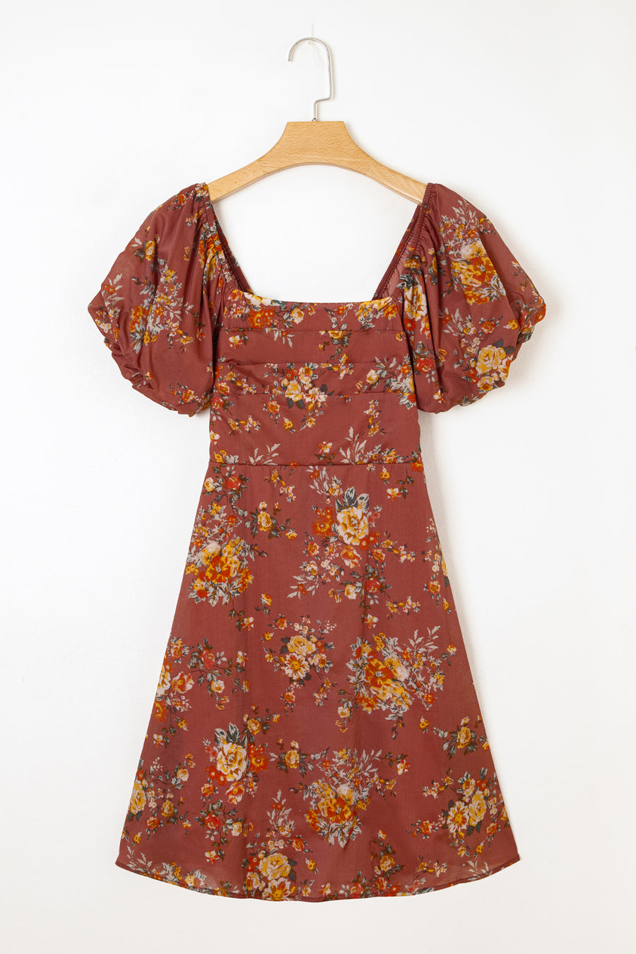 Red Floral Puff Sleeve Square Neck Knot Open Back Mini Dress Women UK