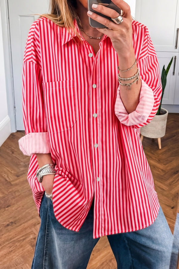 Stripe Button-Up Long Sleeve Shirt with Patch Pocket