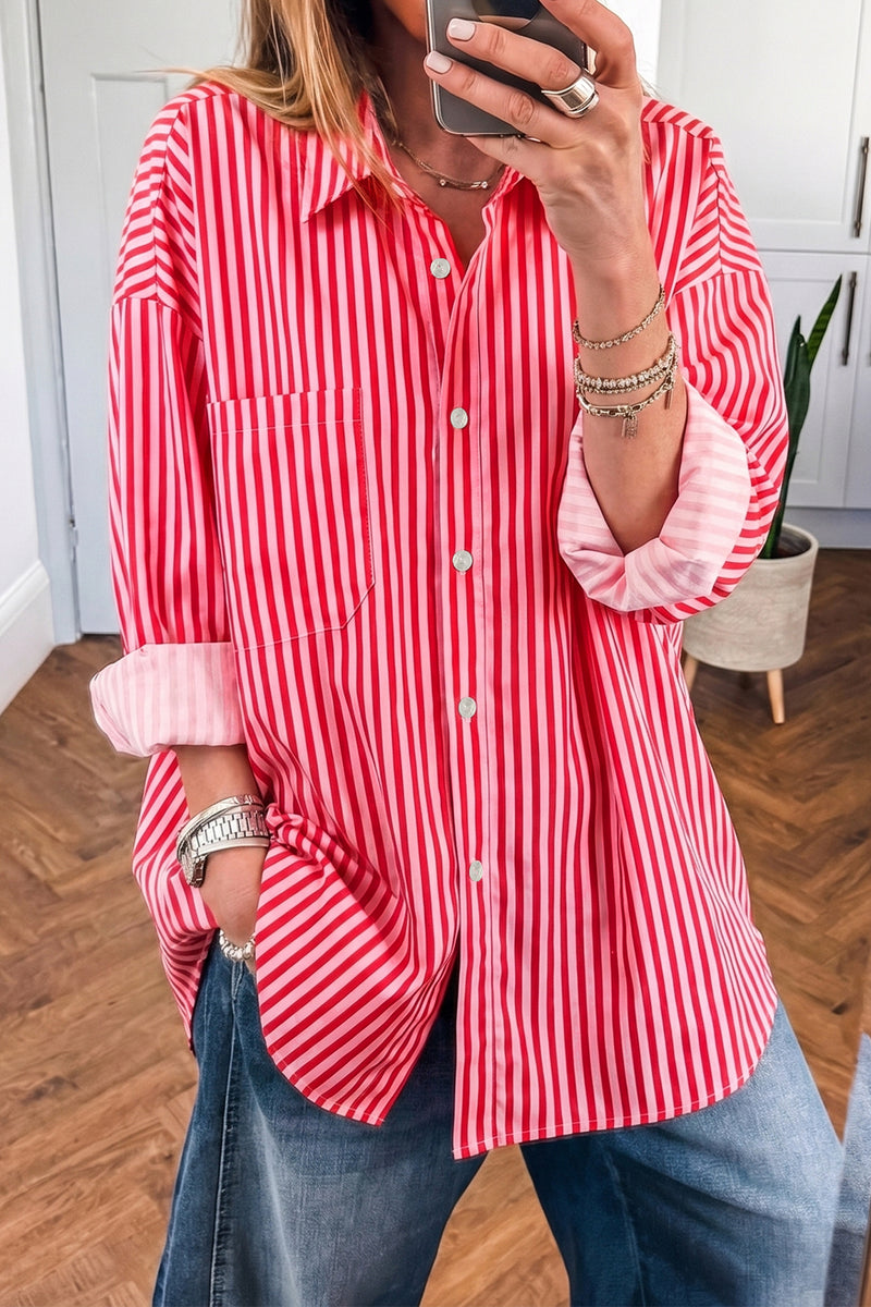 Stripe Button-Up Long Sleeve Shirt with Patch Pocket