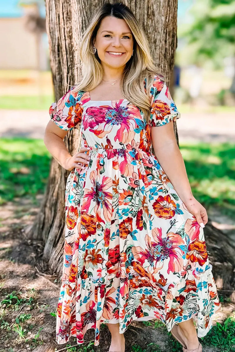 White Floral Puff Sleeve Plus Size Midi Dress Women UK