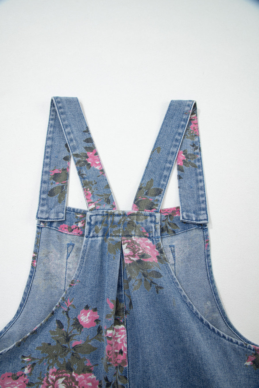Floral Print Denim Shortalls Adjustable Straps Pockets Relaxed Fit