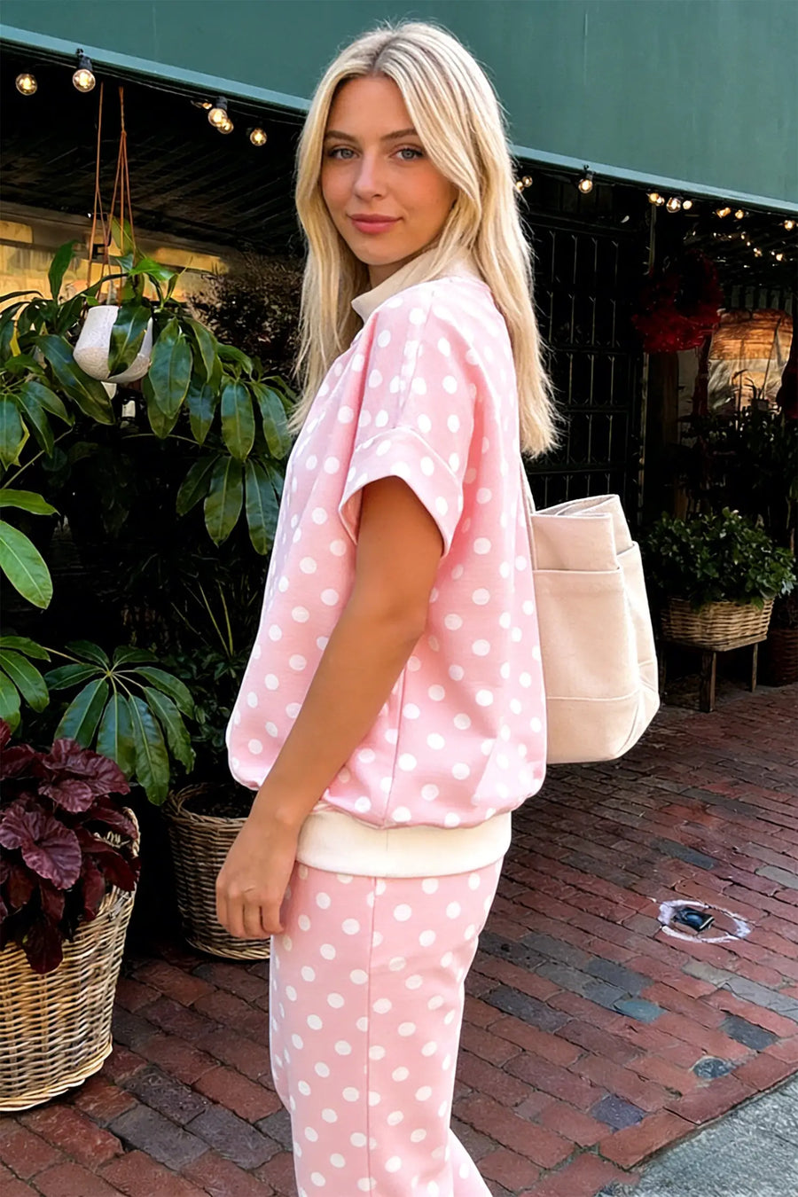 Polka dot mock neck short sleeve top and pants set side view | Fashionfitz UK