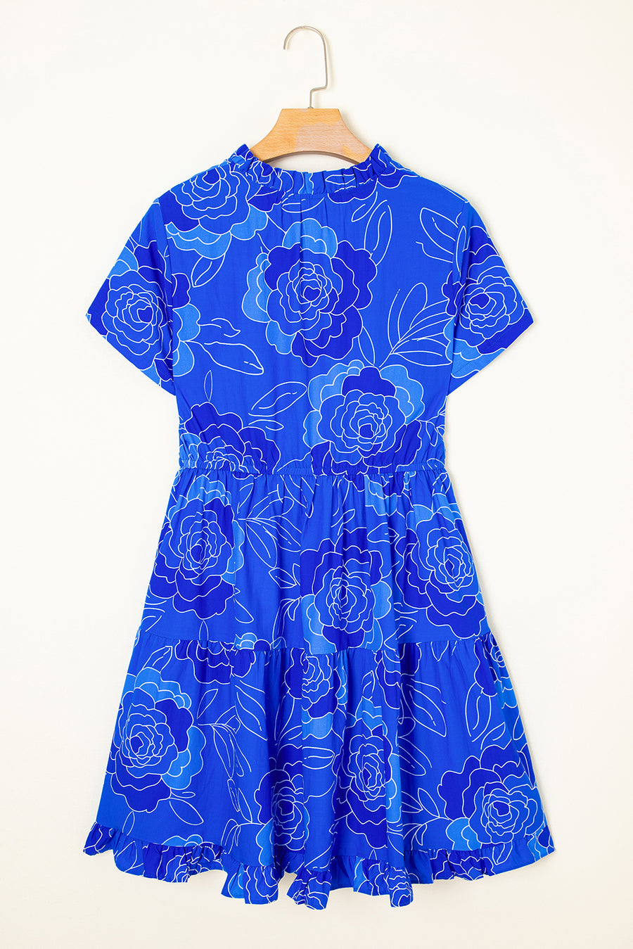 Blue Floral Ruffled Hem V Neck Short Sleeve Flowy Mini Dress Women UK