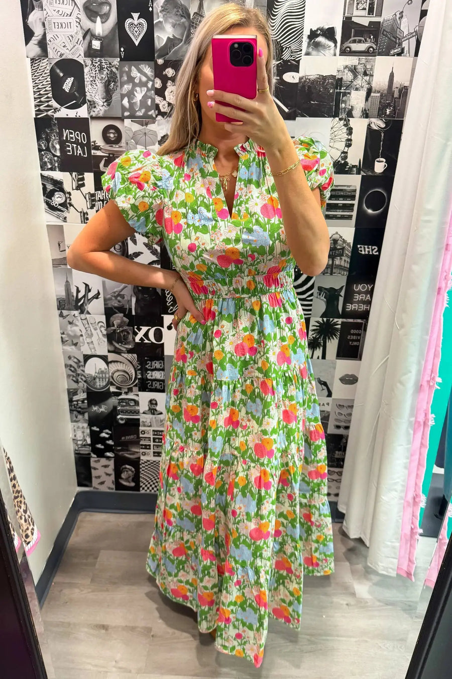 Green Floral V Neck Short Puff Sleeve Cotton Maxi Dress Women UK