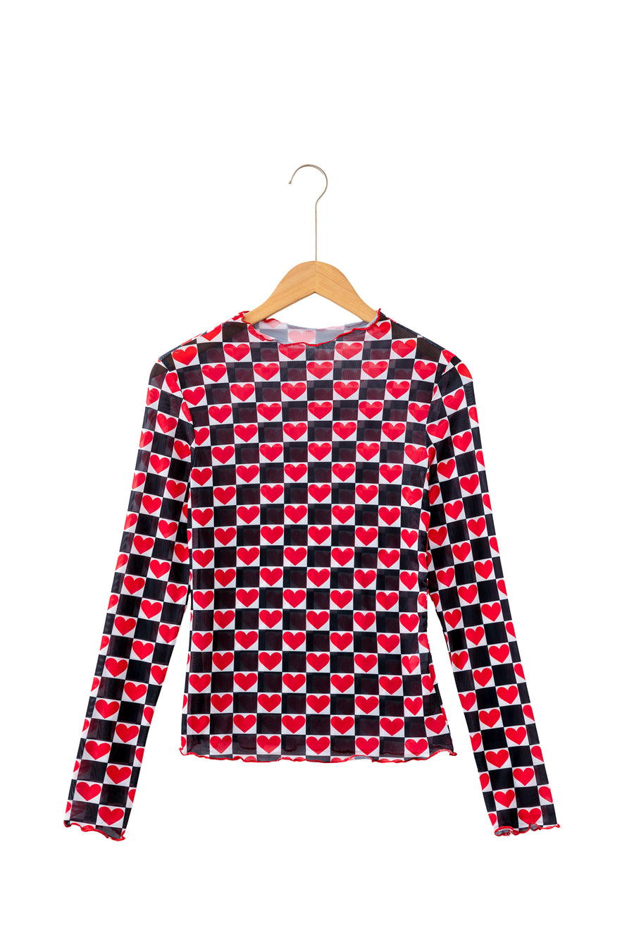 Plaid Heart Mesh Sheer Long Sleeve High Neck Blouse