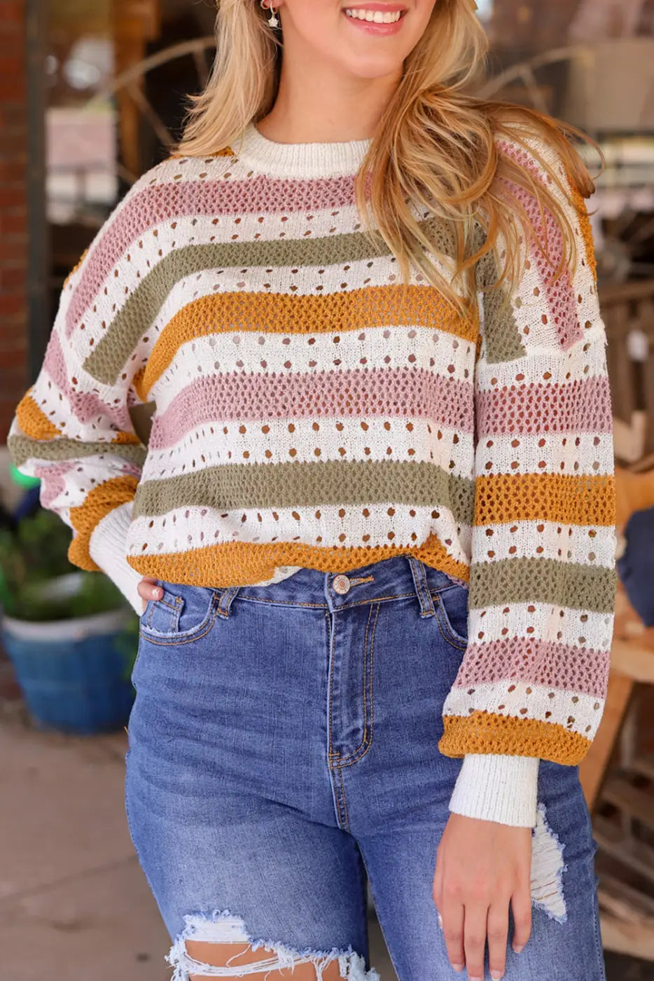 Chic multicolor striped hollow knit sweater | fashionfitz