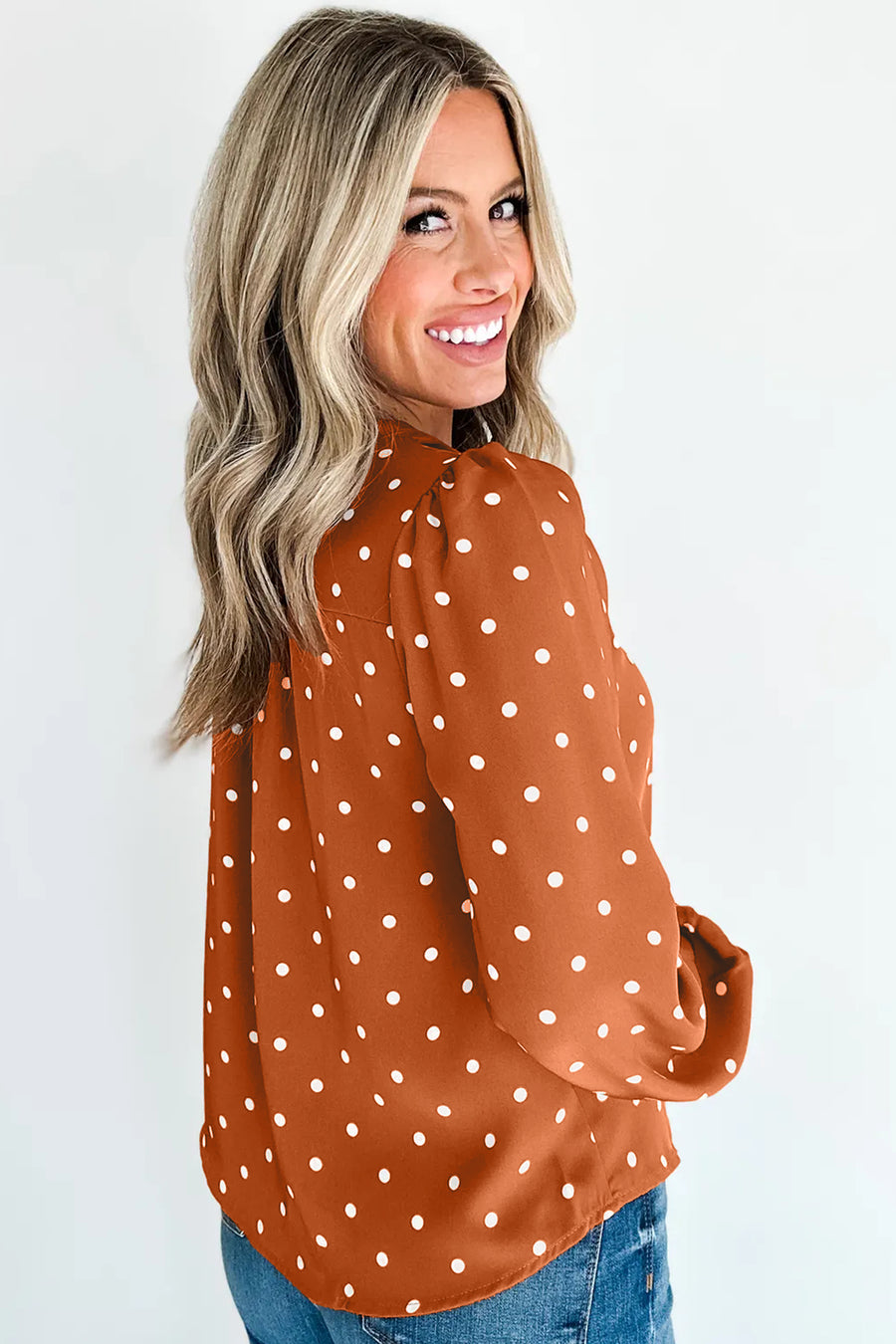 Brown Polka Dot Half Button V-Neck Long Sleeve Blouse Women UK