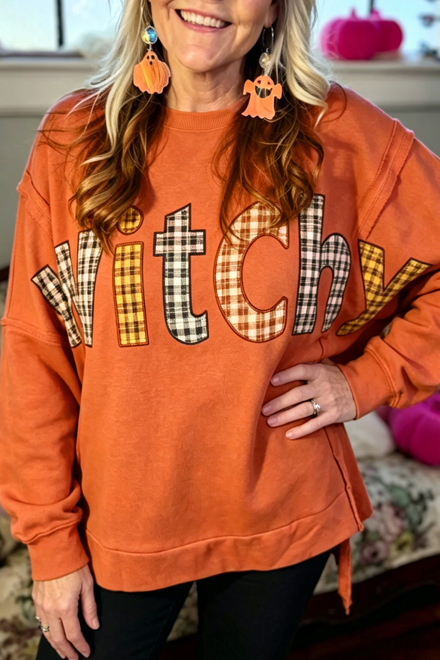 Halloween Witchy Plaid Slogan Embroidered Tunic Top