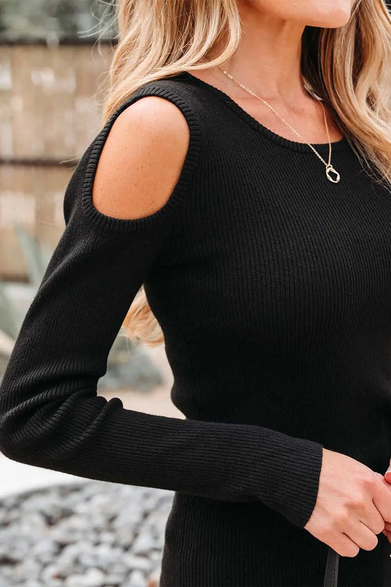 Black cold shoulder sweater - ribbed knit long sleeve top sweaters