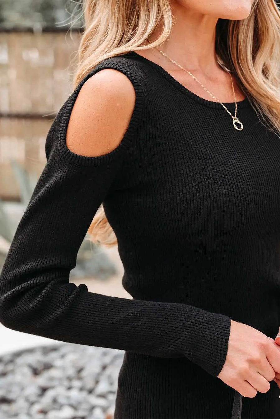 Black cold shoulder sweater - ribbed knit long sleeve top sweaters