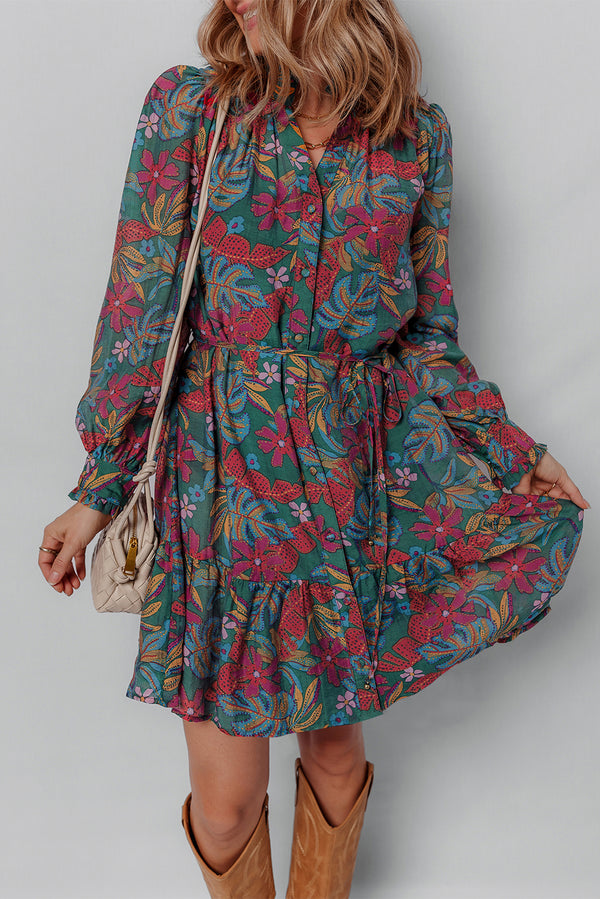 Green Floral Frill V Neck Puff Sleeve Ruffled Shirt Dress Women UK