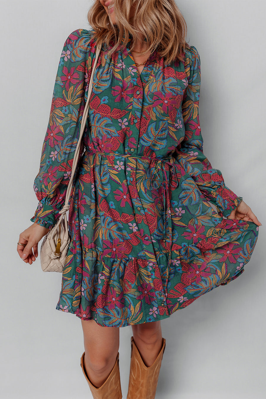 Green Floral Frill V Neck Puff Sleeve Ruffled Shirt Dress Women UK
