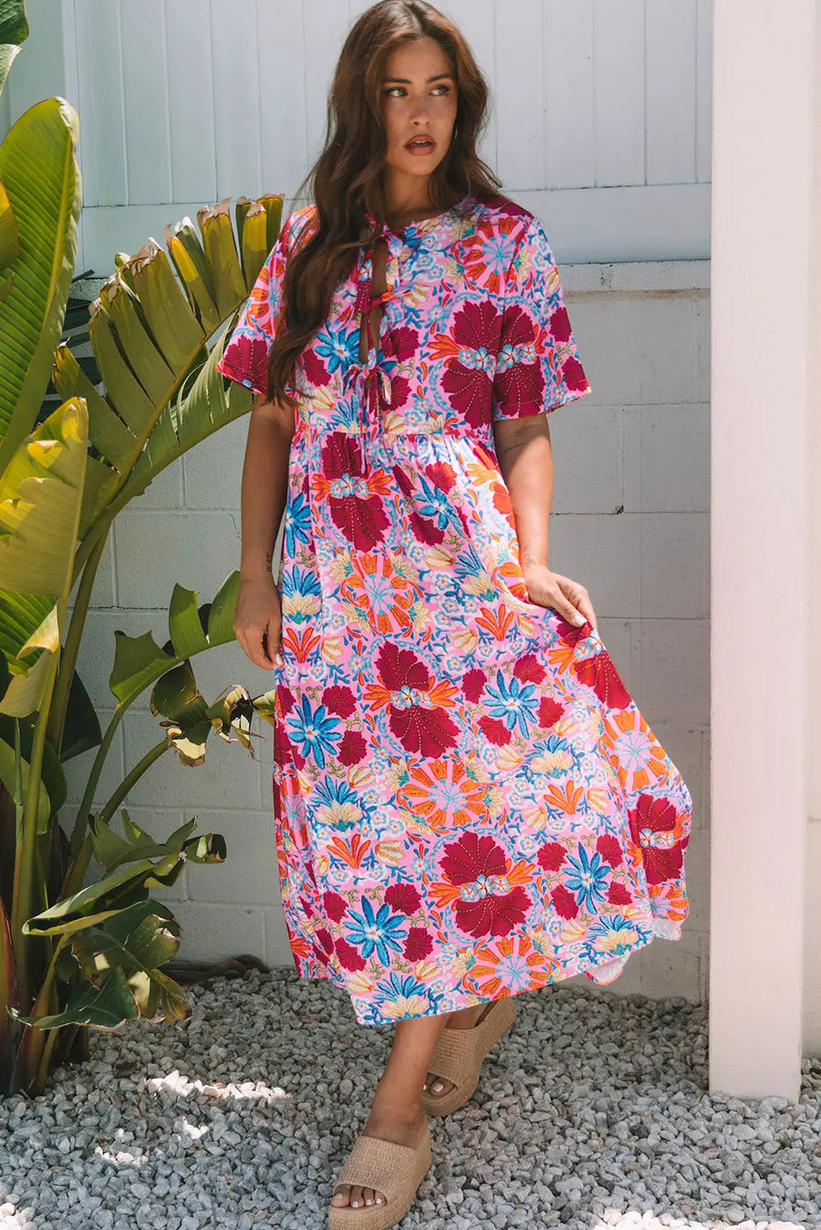 Rose Floral Tied Front High Waist Short Sleeve Maxi Dress Women UK