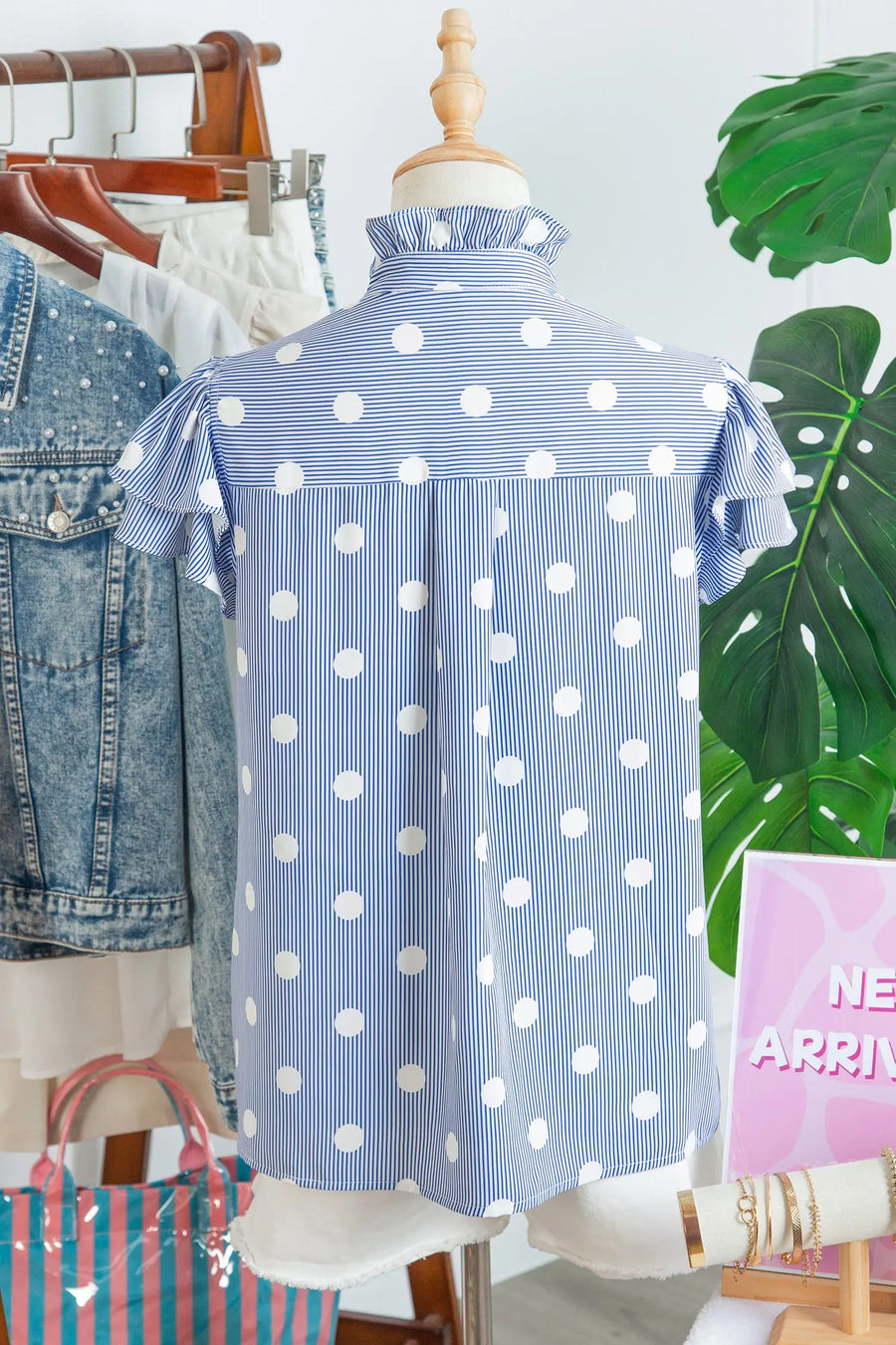Sky Blue Stripe Contrast Polka Dot Print Pleated Ruffle Sleeve Shirt — styled outfit look | Fashionfitz UK