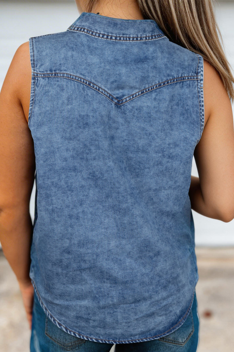 Buttoned Collared Sleeveless Denim Vest Top Women UK