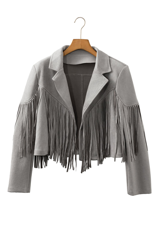 Gray Cropped Fringe Faux Suede Jacket