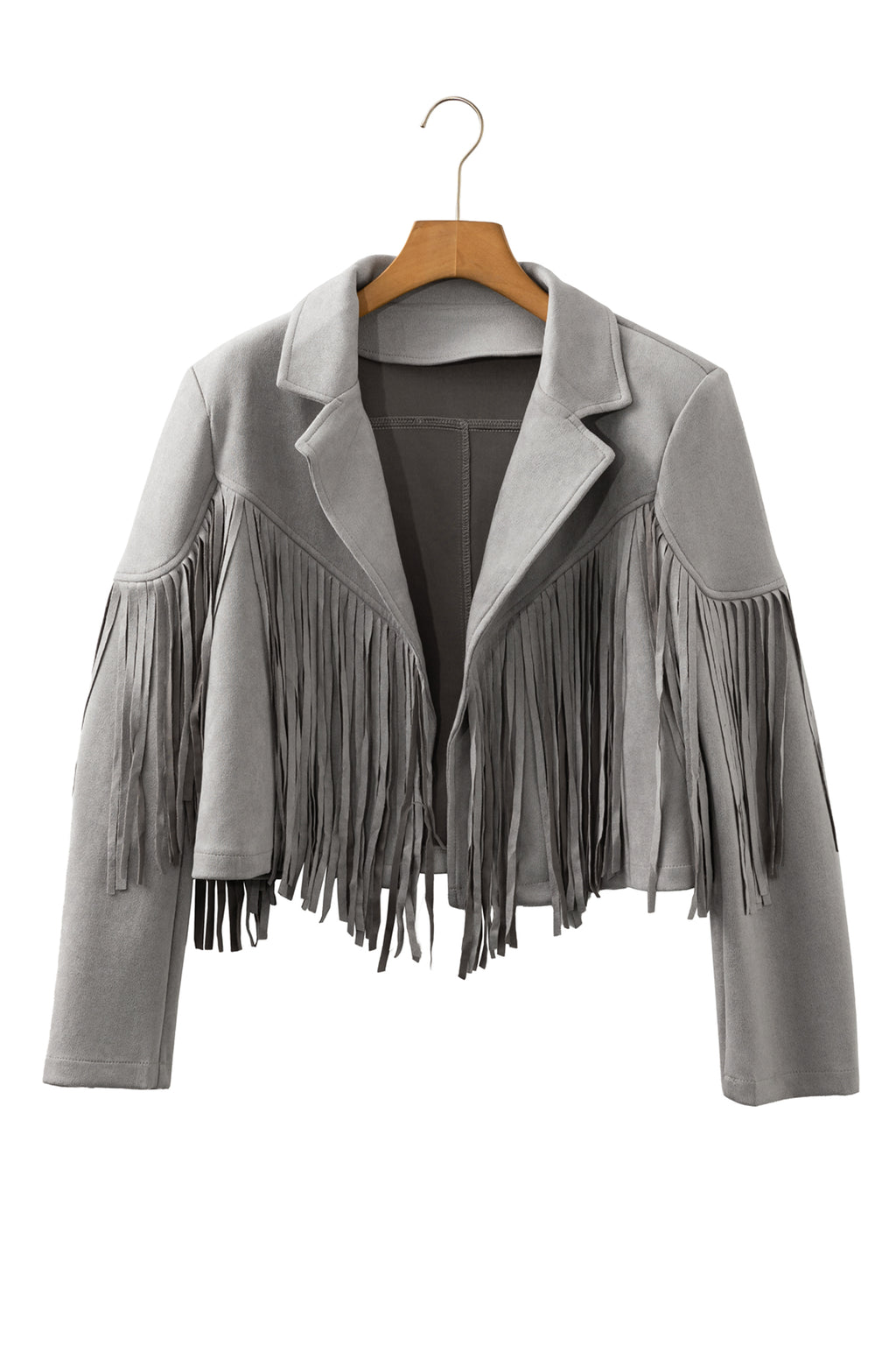 Gray Cropped Fringe Faux Suede Jacket