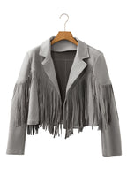 Gray Cropped Fringe Faux Suede Jacket