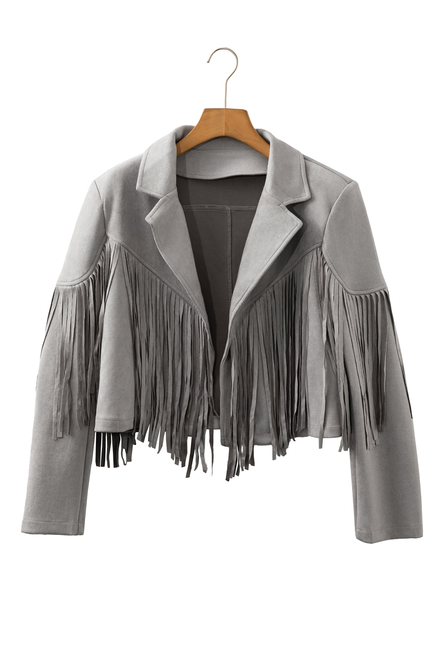 Gray Cropped Fringe Faux Suede Jacket