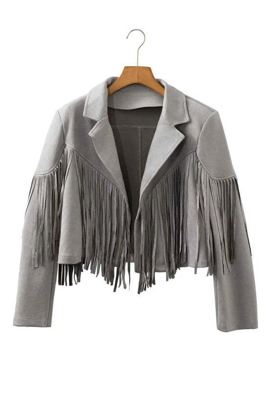Gray cropped fringe faux suede jacket displayed on hanger, ideal for fall layering with western and casual style appeal.