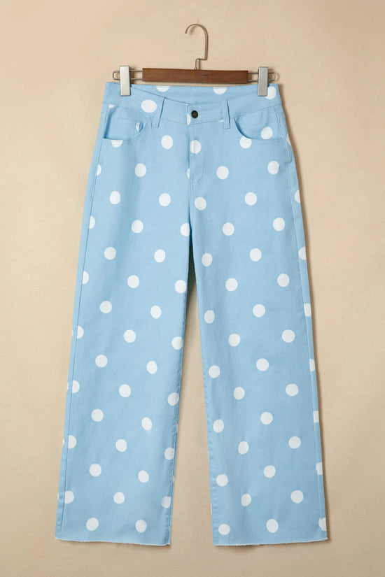 Side view of sky blue polka dot raw hem jeans showing relaxed straight leg silhouette Fashionfitz UK