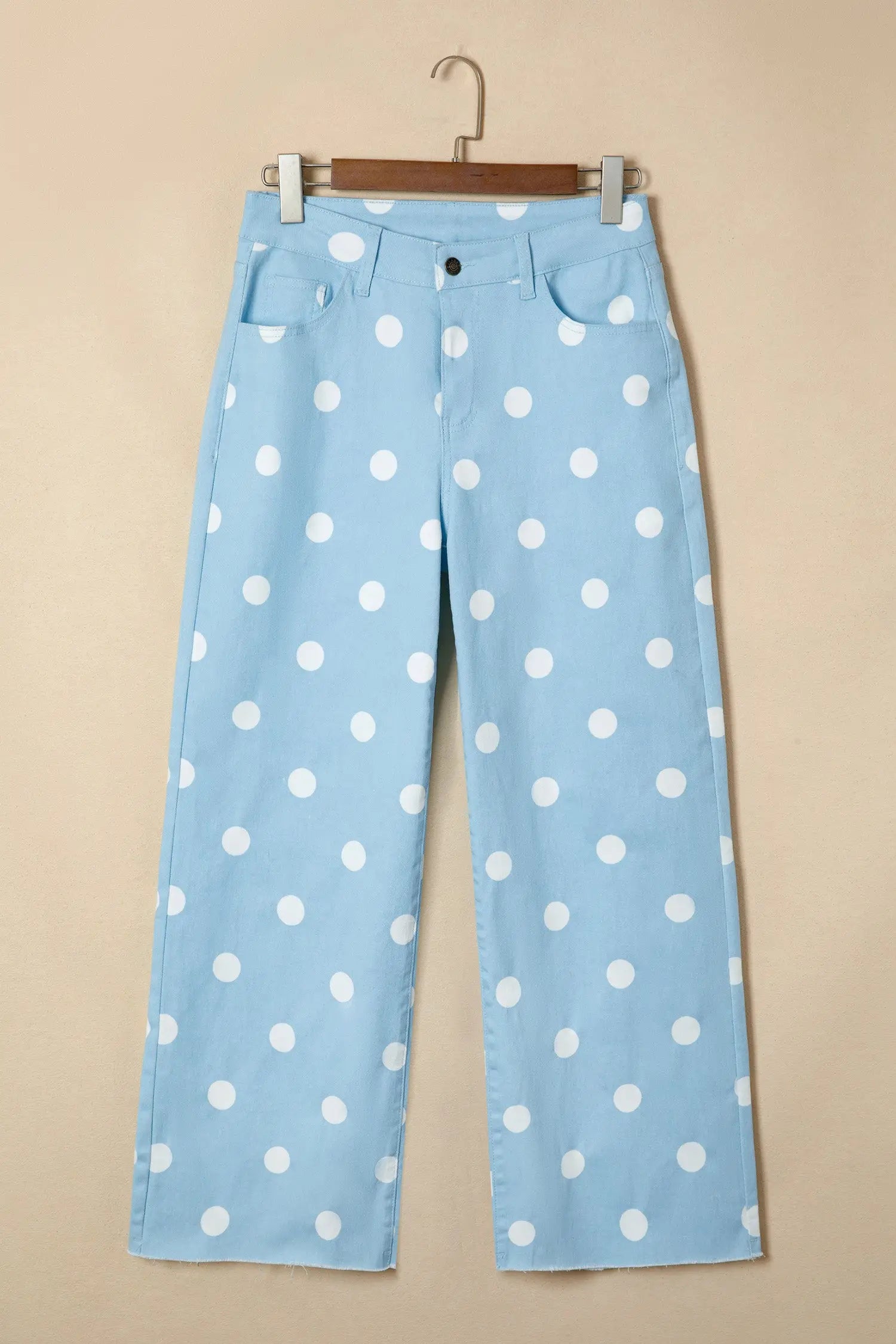 Side view of sky blue polka dot raw hem jeans showing relaxed straight leg silhouette Fashionfitz UK