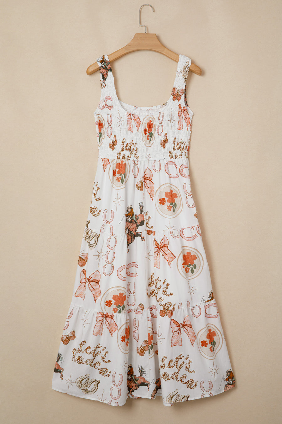 White Western Horseshoe Print U-Neck Sleeveless Midi Dress