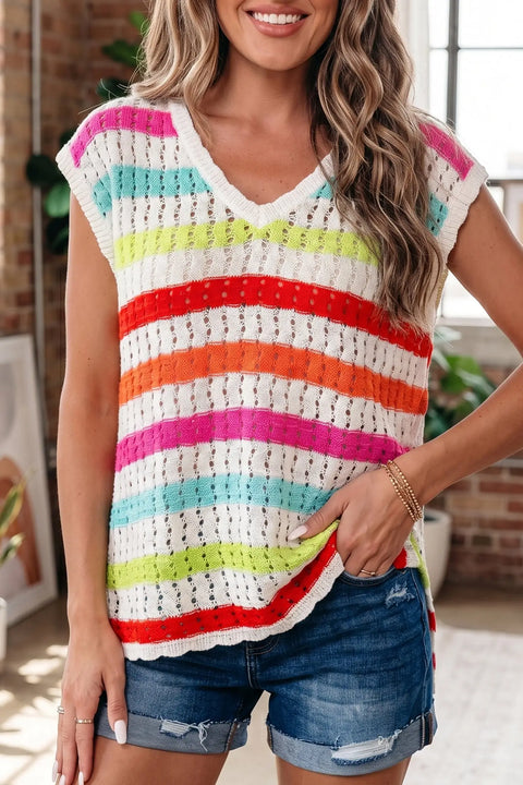 Striped eyelet knit V-neck sweater tee front view — Fashionfitz UK