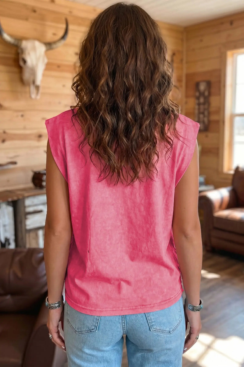 Wild west whiskey print sleeveless muscle top back view — Fashionfitz UK