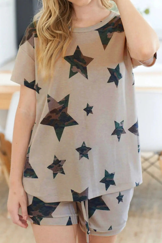 Khaki camo star print short lounge set