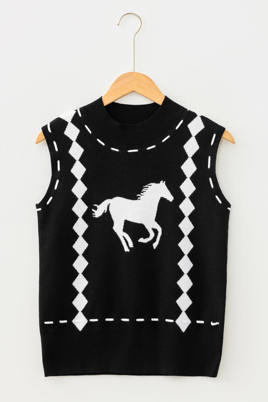 Black Western Horse Geometric Print Mock Neck Sweater Vest