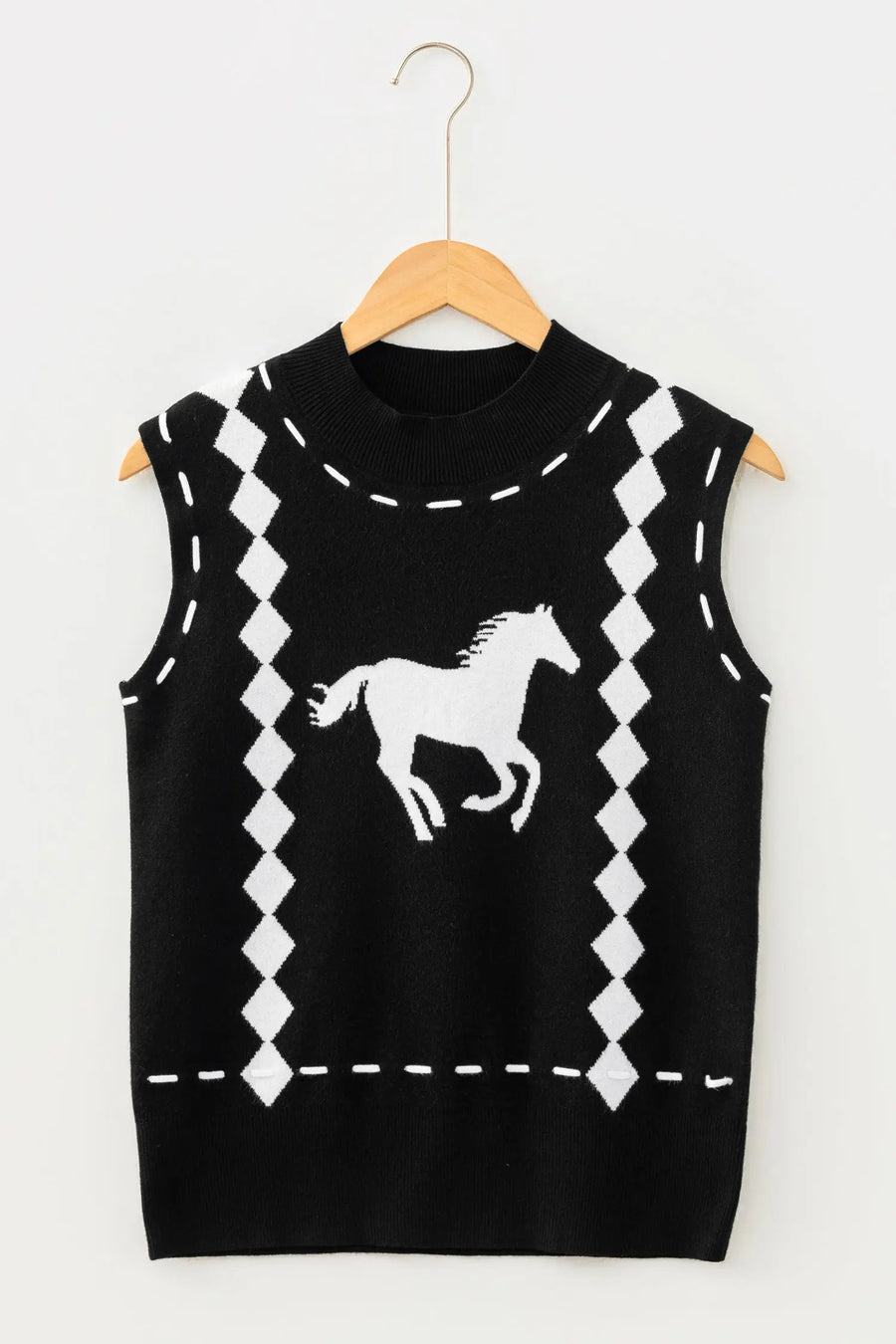 Black Western Horse Geometric Print Mock Neck Sweater Vest