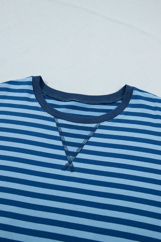 Blue stripe plus size dropped shoulder tee & shorts two-piece set outfit sets