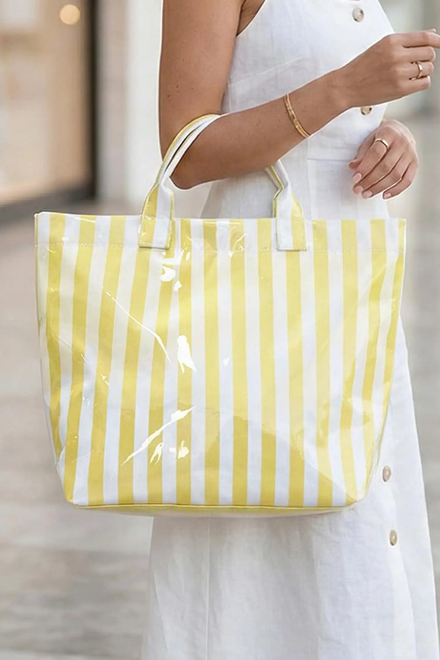 Rainbow striped vinyl large tote bag detail close-up | Fashionfitz UK