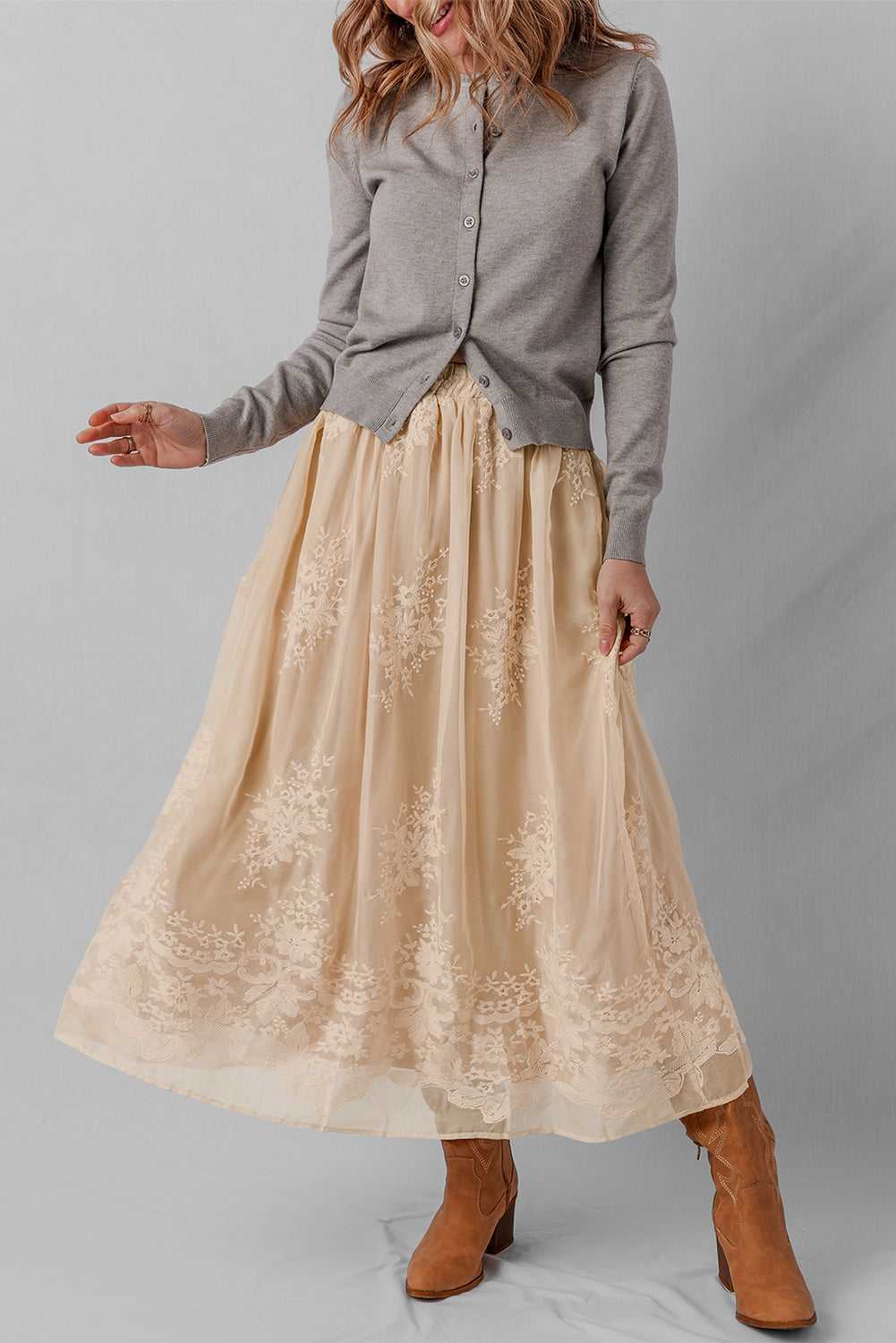 Embroidered Mesh Overlay Flowy Skirt