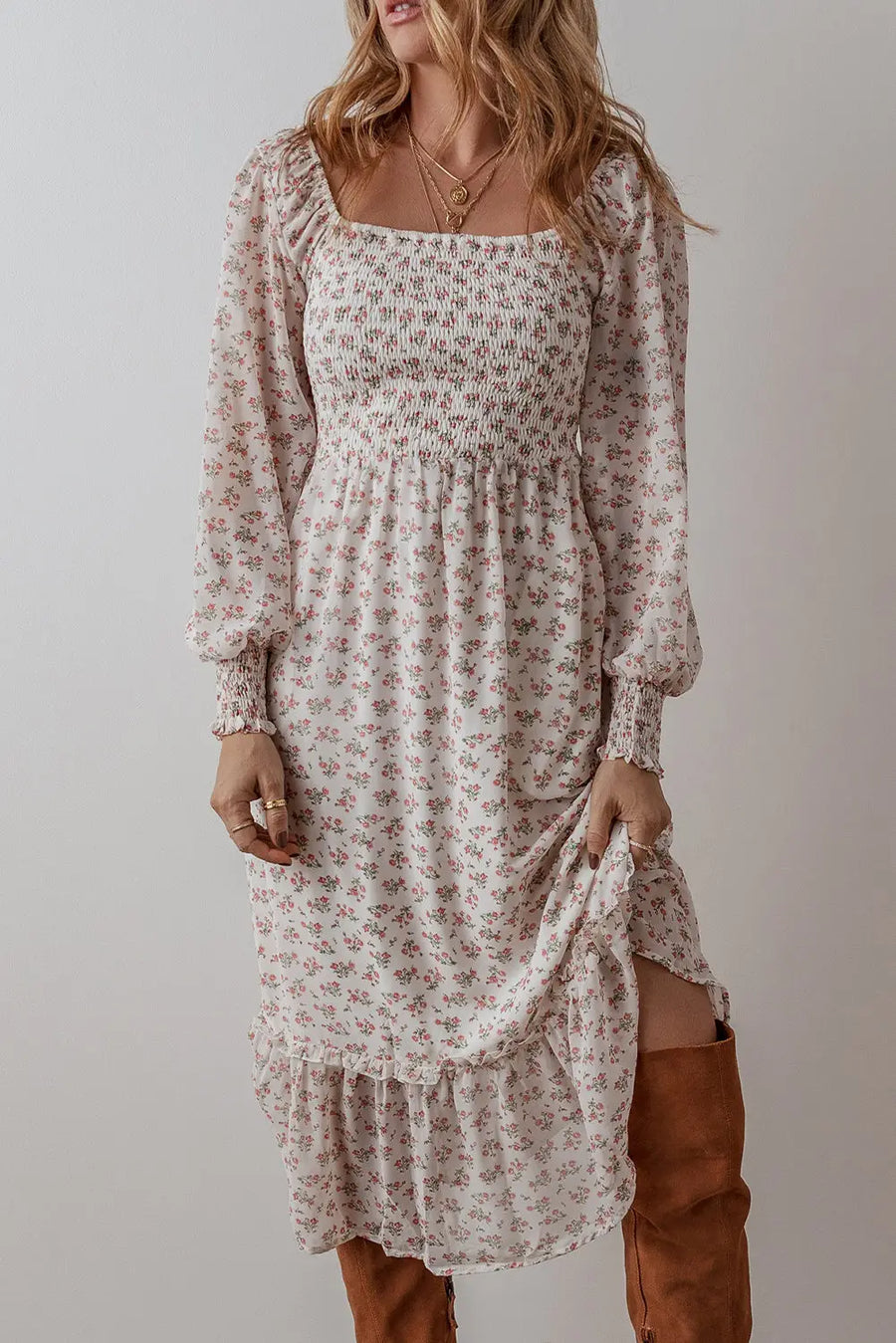 White Floral Shirred Square Neck Ruffled Hem Midi Dress Women UK