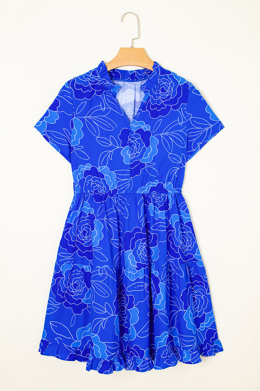 Blue Floral Ruffled Hem V Neck Short Sleeve Flowy Mini Dress Women UK