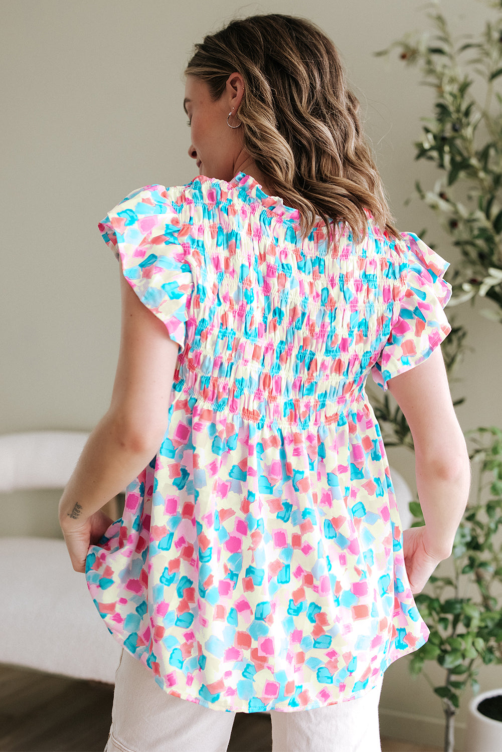 Shirred  Blouse - Ruffled Abstract Print