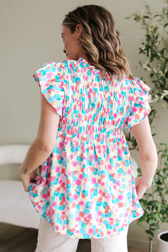 Shirred blouse - ruffled abstract print blouses